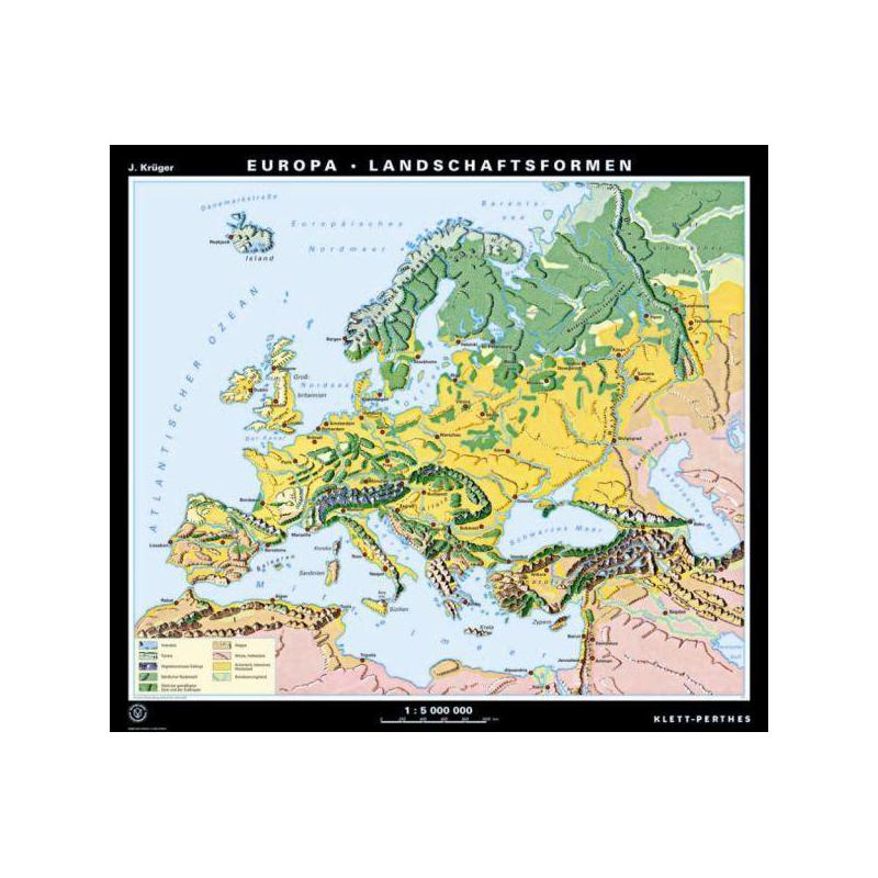 Klett-Perthes Verlag continentkaart Europa reliëf / landschapsvormen (P) 2-zijdig