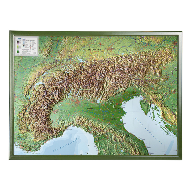 Georelief Alpen 3D reliëfkaart, groot, met houten frame (Duits)