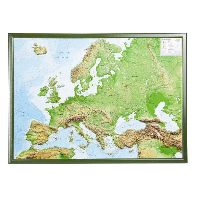 Georelief Continentkaart Europa 3D reliëfkaart, groot, met houten frame (Duits)