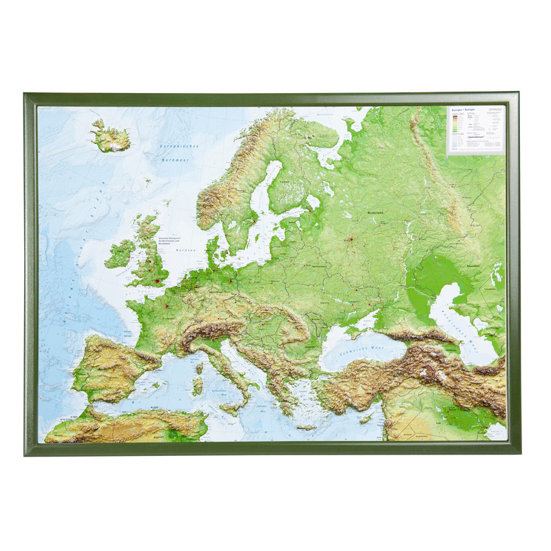 Georelief continentkaart Europa 3D reliëfkaart, groot, met houten frame (Duits)