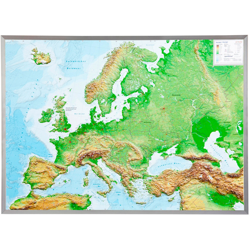 Georelief continentkaart Europa 3D reliëfkaart, groot, met aluminium frame (Duits)