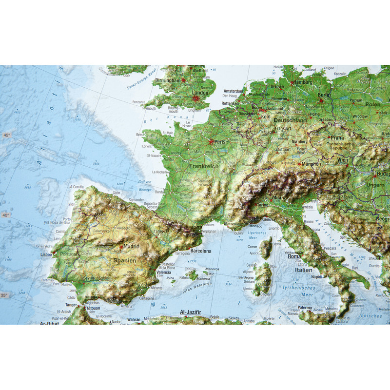 Georelief continentkaart Europa 3D reliëfkaart, klein (Duits)