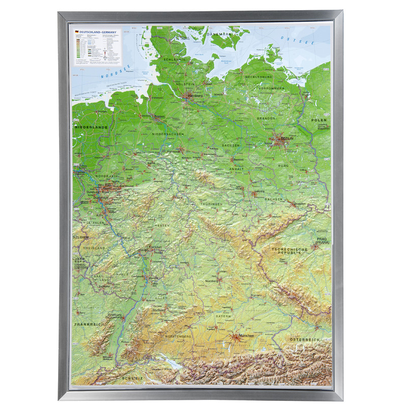 Georelief Duitsland 3D reliëfkaart, groot, met aluminium frame (Duits)