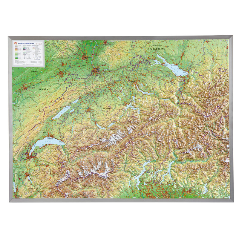 Georelief Zwitserland 3D reliëfkaart, groot, met aluminium frame (Duits)