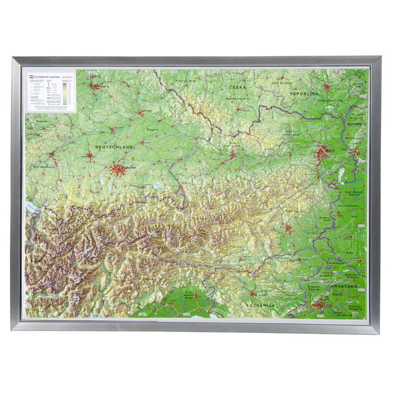 Georelief Oostenrijk 3D reliëfkaart, groot, met aluminium frame (Duits)