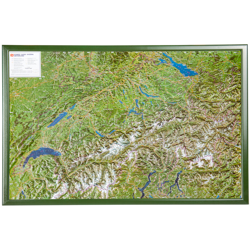 Georelief Kaart Zwitserland luchtfoto, met houten frame (Duits)