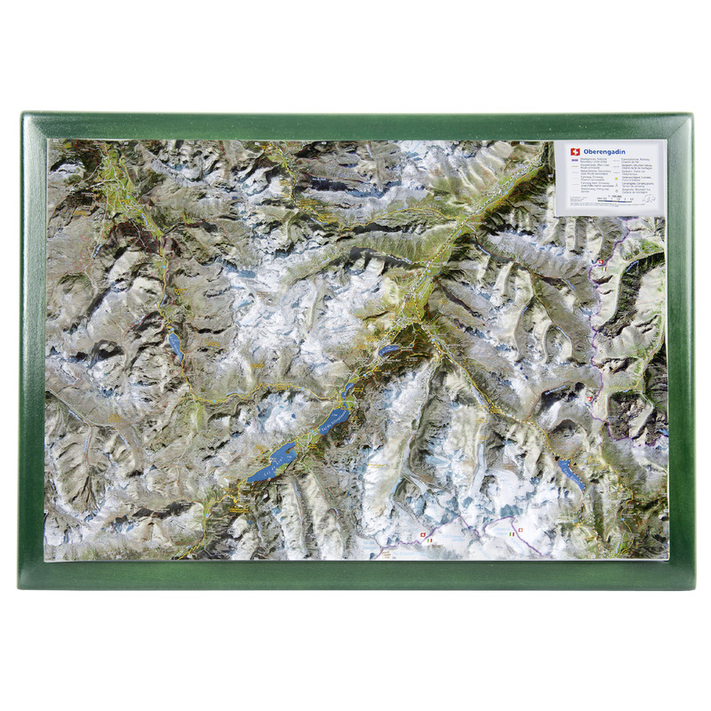 Georelief Regionale kaart Oberengadin, met houten frame (Duits)