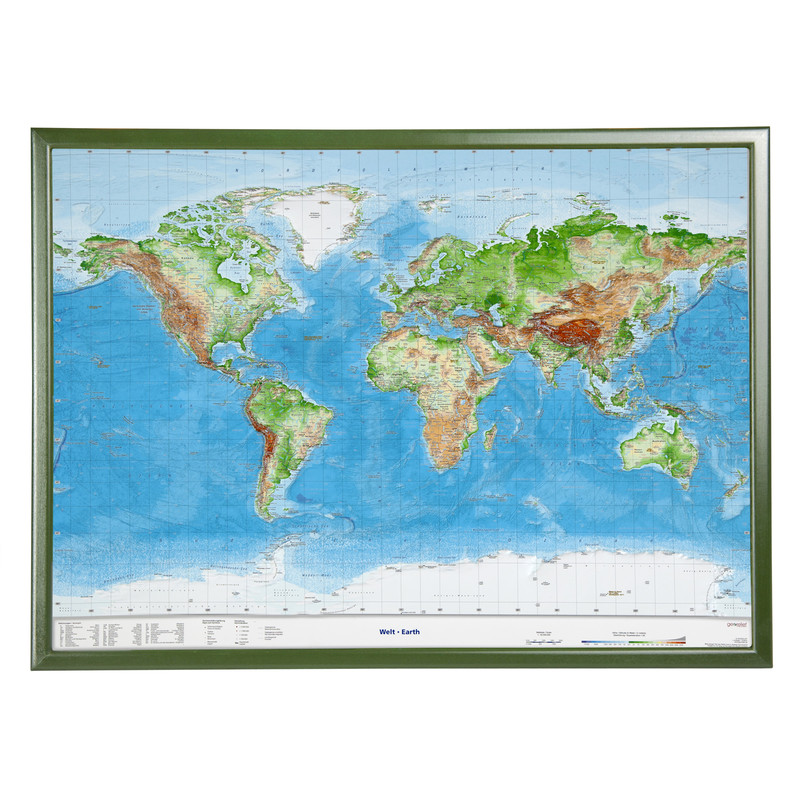 Georelief Wereldkaart 3D reliëf, groot, met houten frame