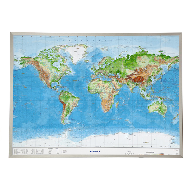 Georelief Wereldkaart 3D reliëf, groot, met aluminium frame