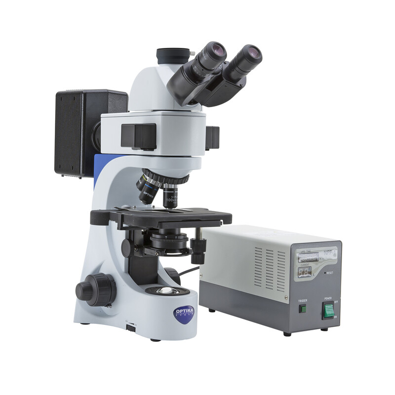 Optika Microscoop B-383FL-UK, trino, FL-HBO, B&G Filter, N-PLAN, IOS, 40x-1000x, UK