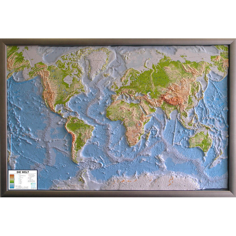 geo-institut Wereldkaart World map Relief Kaart Wereld Zilverlijn fysiek Russisch