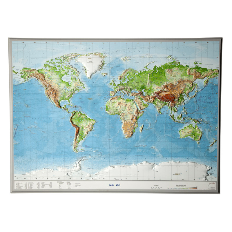 Georelief Wereldkaart 3D reliëfkaart wereld, groot (Engels)