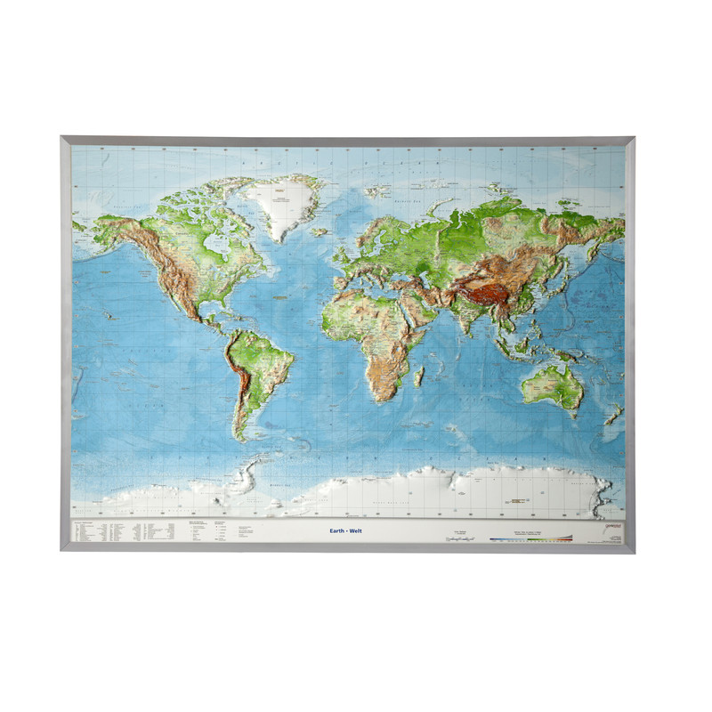 Georelief Wereldkaart 3D reliëfkaart wereld, groot, met aluminium frame (Engels)