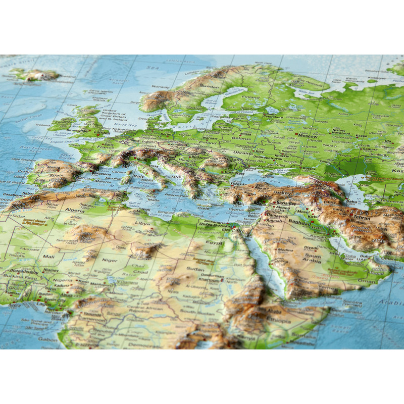 Georelief Wereldkaart 3D reliëfkaart wereld, groot, met aluminium frame (Engels)