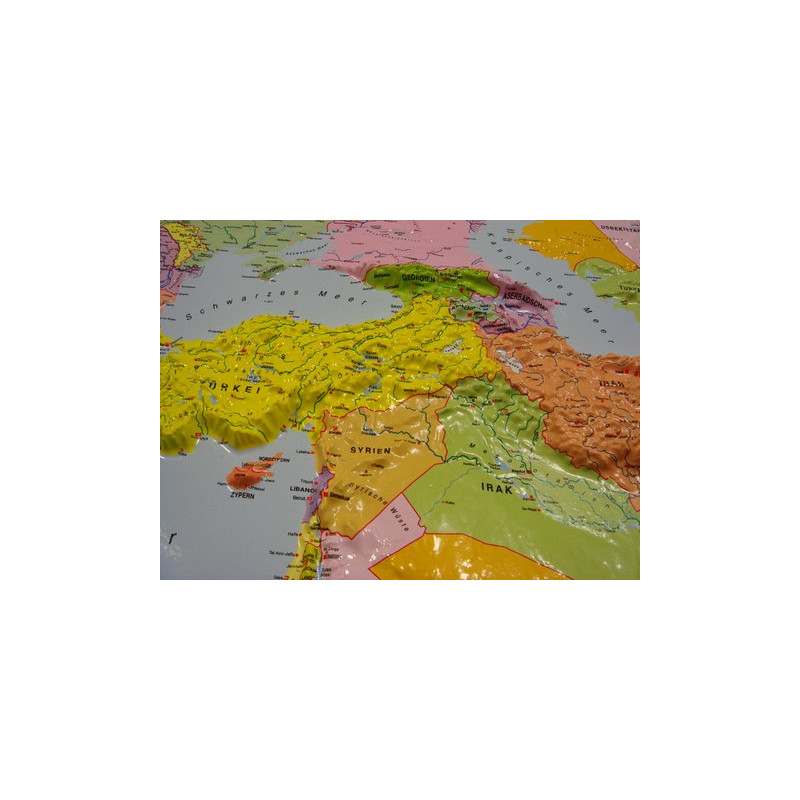 geo-institut Wereldkaart world map raised relief Silver line political Swedish