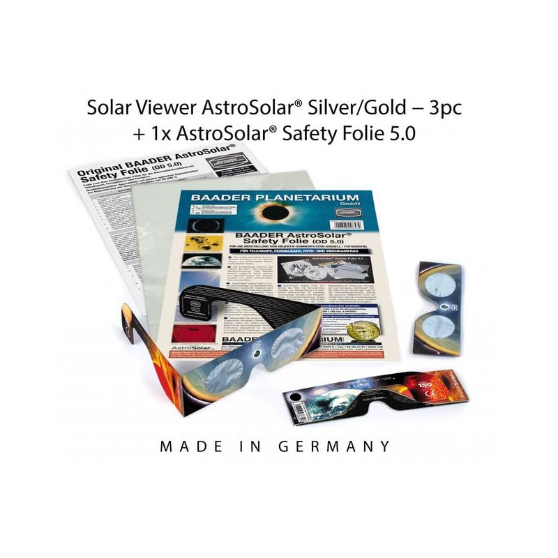 Baader Zonsverduisteringsbril Zonnefilters: 3xAstroSolar® Silver/Gold glazen en 1xAstroSolar filterfolie zonder vatting