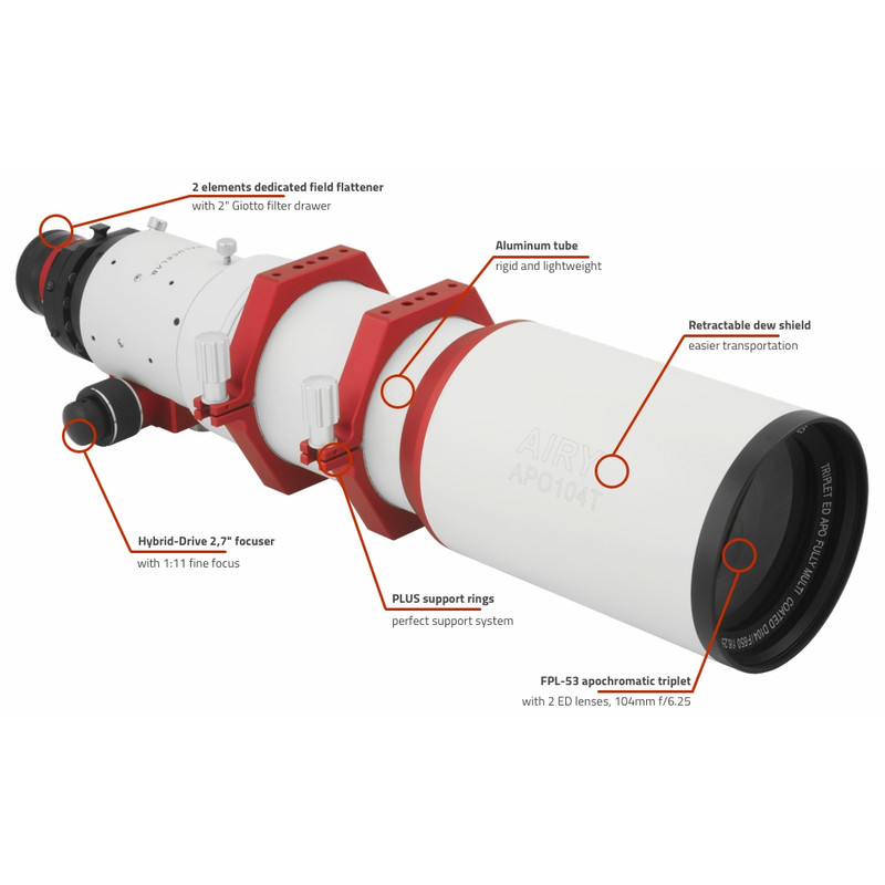 PrimaLuceLab Apochromatische refractor AP 104/650 T Airy + Field Flattener + Filter Drawer OTA