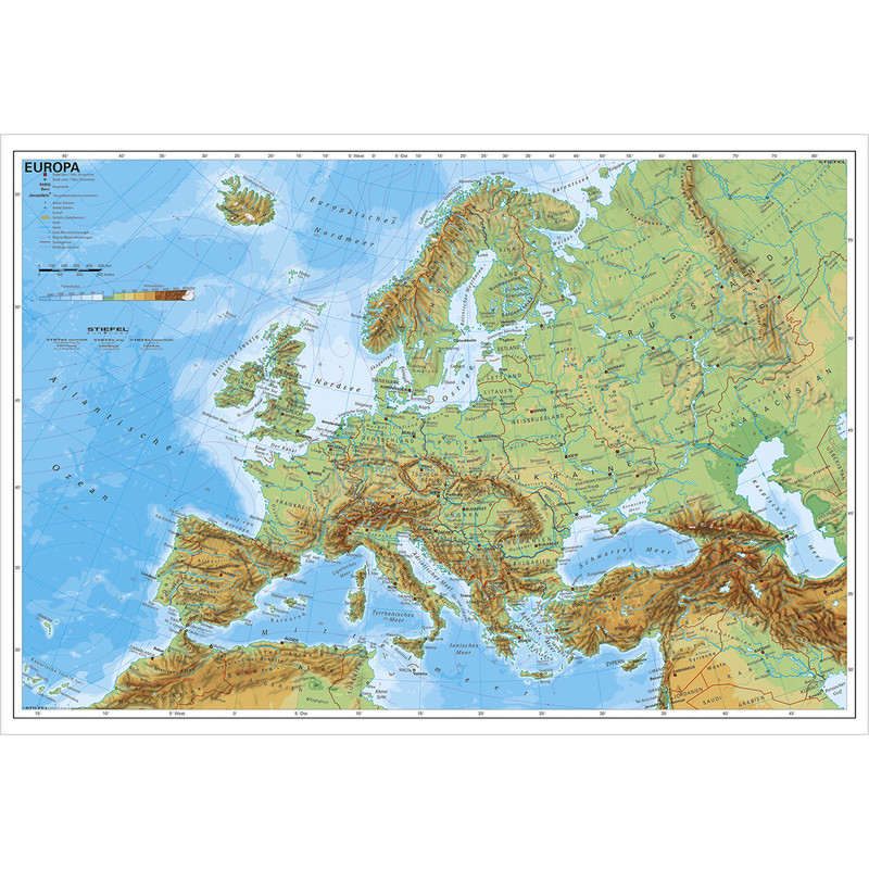 Stiefel continentkaart Europa, fysisch (Duits)