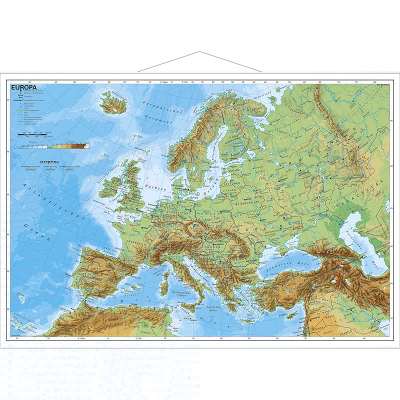 Stiefel continentkaart Europa, fysisch (Duits)