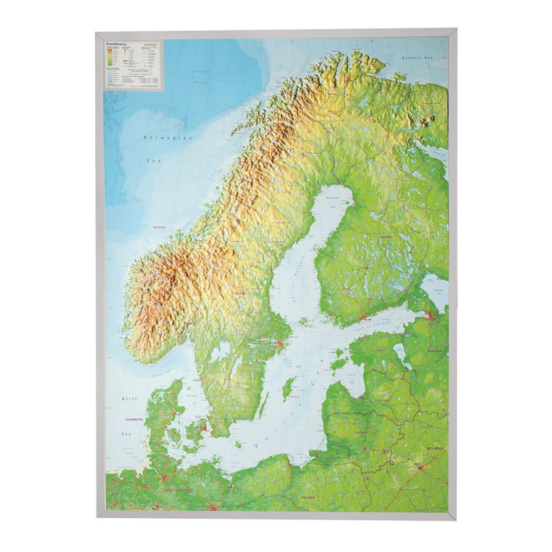Georelief Scandinavische landen 3D reliëfkaart, groot, met zilveren kunststofframe (Duits)