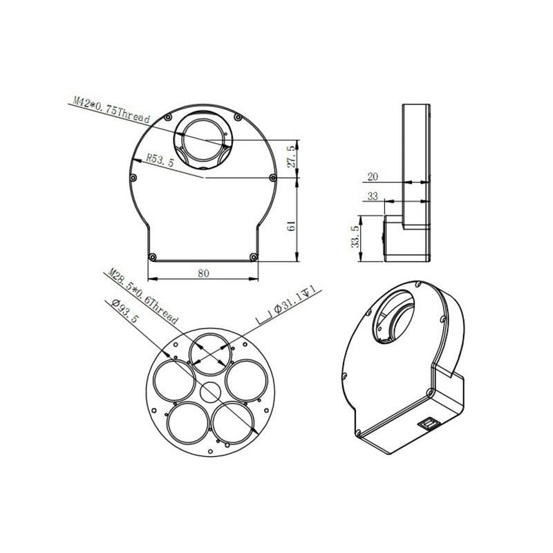 ZWO Gemotoriseerd filterwiel mini, 5x1,25"