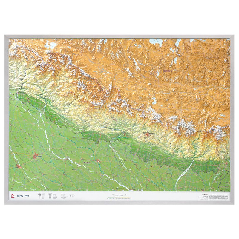 Georelief Regionale kaart Nepal groß 3D mit Aluminiumrahmen