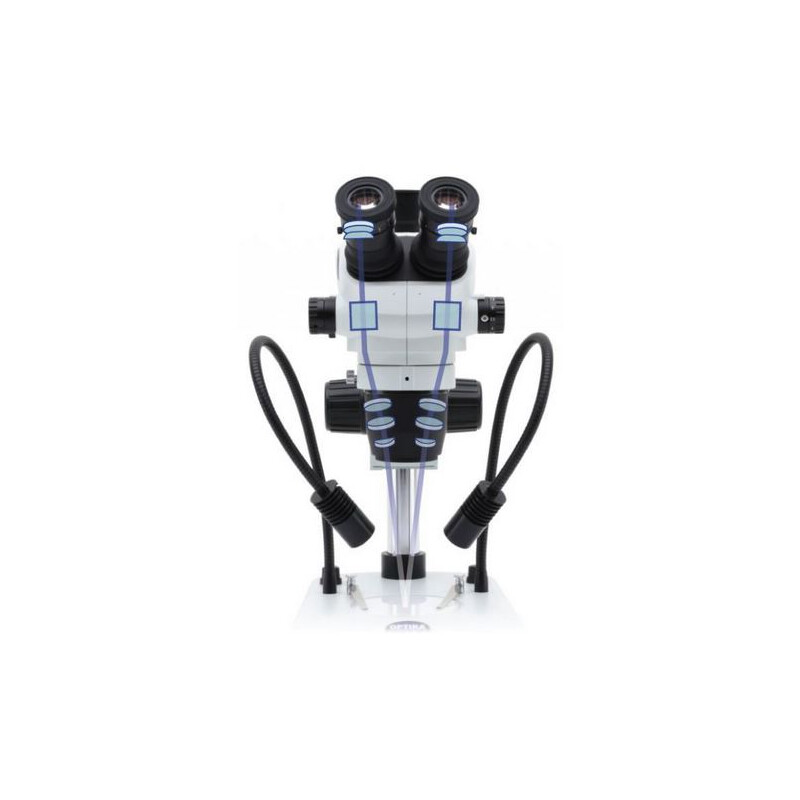 Optika Stereo zoom microscoop SZO-10, trino, 6.7-45x, overhangend, AM Arms, zonder Belichting