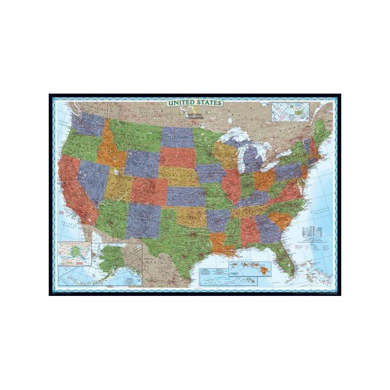 National Geographic Decoratieve USA kaart, politiek, groot gelamineerd