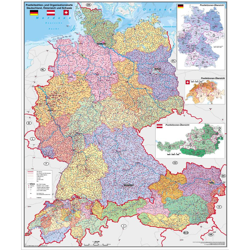 Stiefel Regionale kaart Deutschland-Österreich-Schweiz PLZ- u. Organisationskarte