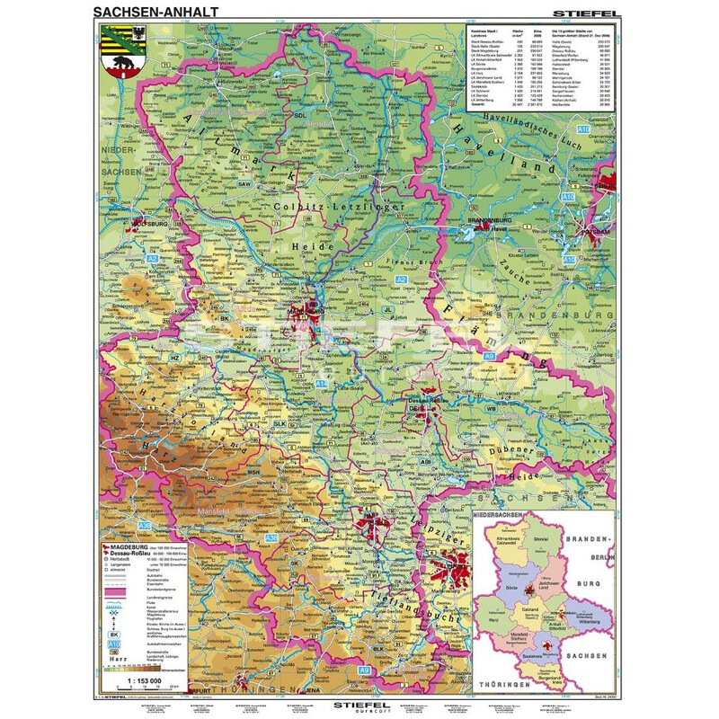 Stiefel Regionale kaart Sachsen-Anhalt physisch XL