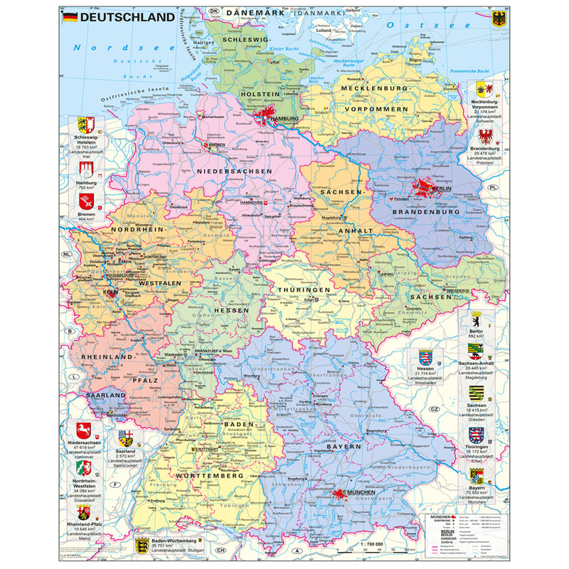 Stiefel Kaart Deutschland politisch mit Wappen (97 x 119 cm)
