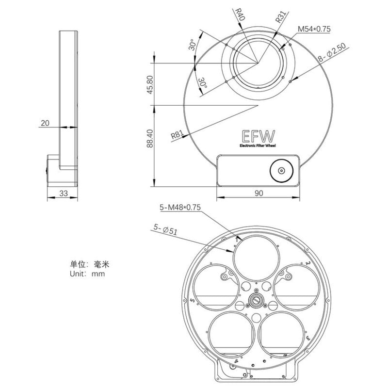 ZWO Filterwiel Filterrad EFW 5x2"