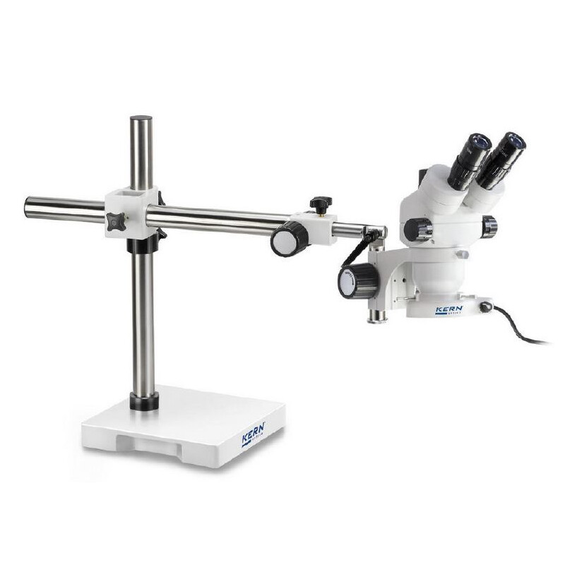 Kern Stereo zoom microscoop OZM 913, trino, 7x-45x, HSWF 10x23 mm, Statief, enkele arm (515 mm x 614 mm) w. tafelblad, Ringlampen LED 4,5 W