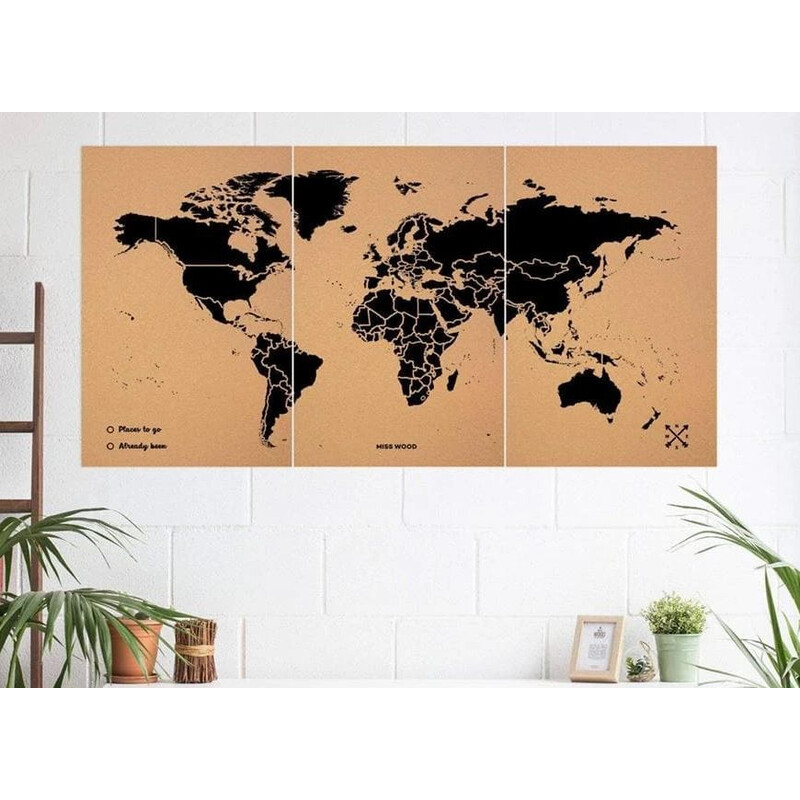 Miss Wood Wereldkaart Woody Map Natural Cork XXXL black