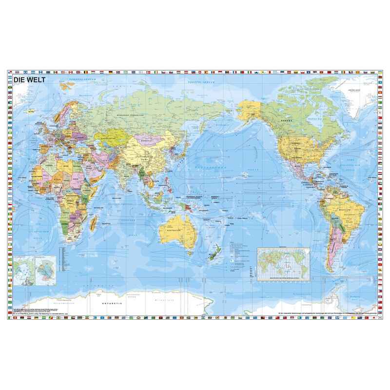 Stiefel Wereldkaart Wereld, Pacific gecentreerd met vlaggenrand (98 x 68 cm)