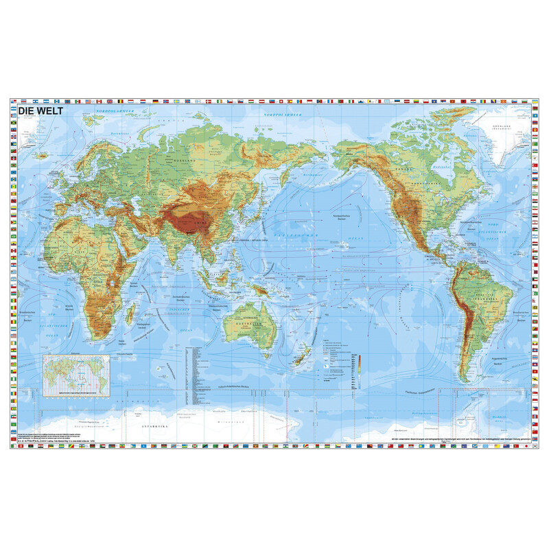 Stiefel Wereldkaart Welt physisch pazifikzentriert mit Flaggenrand (98x68)