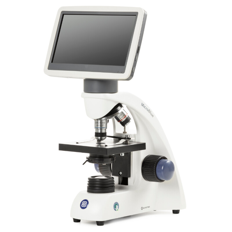 Euromex Microscoop MicroBlue, MB.1051-LCD, 5,6 inch LCD-scherm, achr. 4/10/S40x lenzen, DIN 35mm perf., 40x - 400x, LED, 1W, Kruistafel