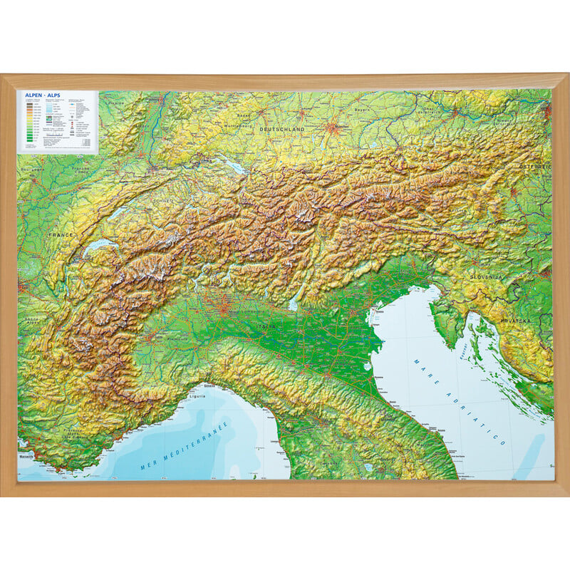 Georelief Alpen 3D reliëfkaart, groot, met houten frame (Duits)