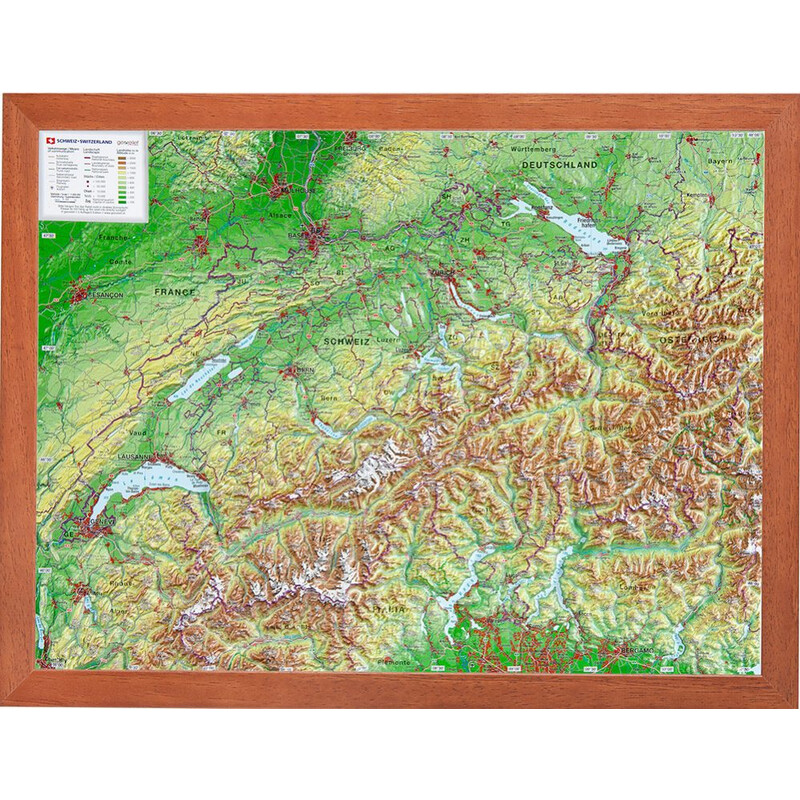 Georelief Zwitserland (39x29) 3D reliëfkaart met Houten frame
