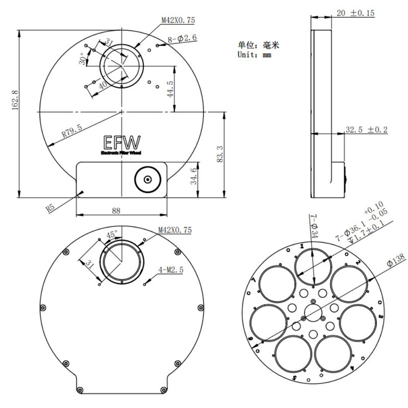 ZWO Gemotoriseerd filterwiel EFW 7x36mm II