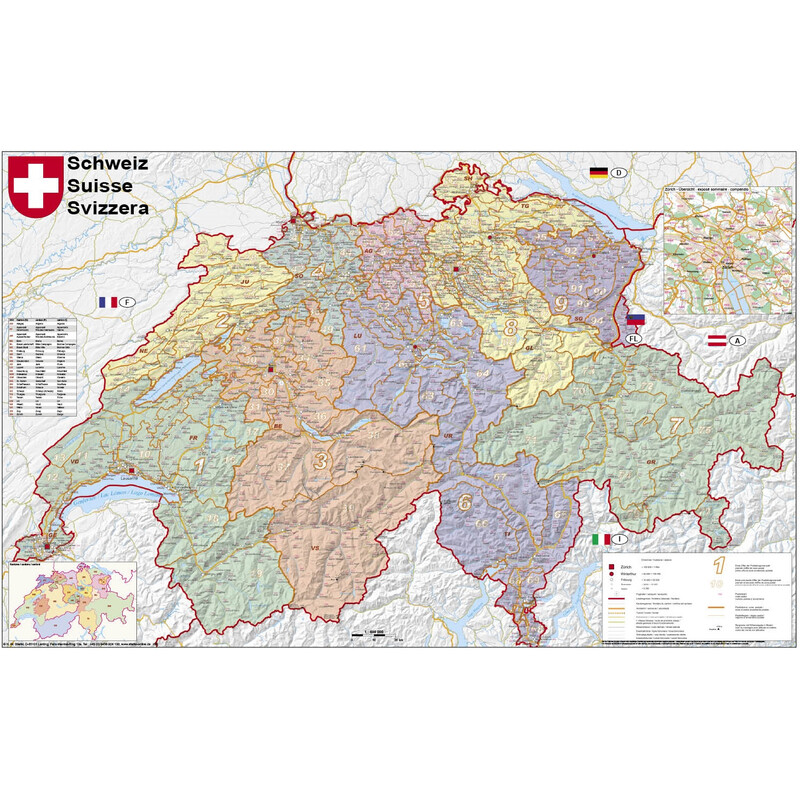 Stiefel Kaart Schweiz politisch mit Postleitzahlen (95 x 62 cm)