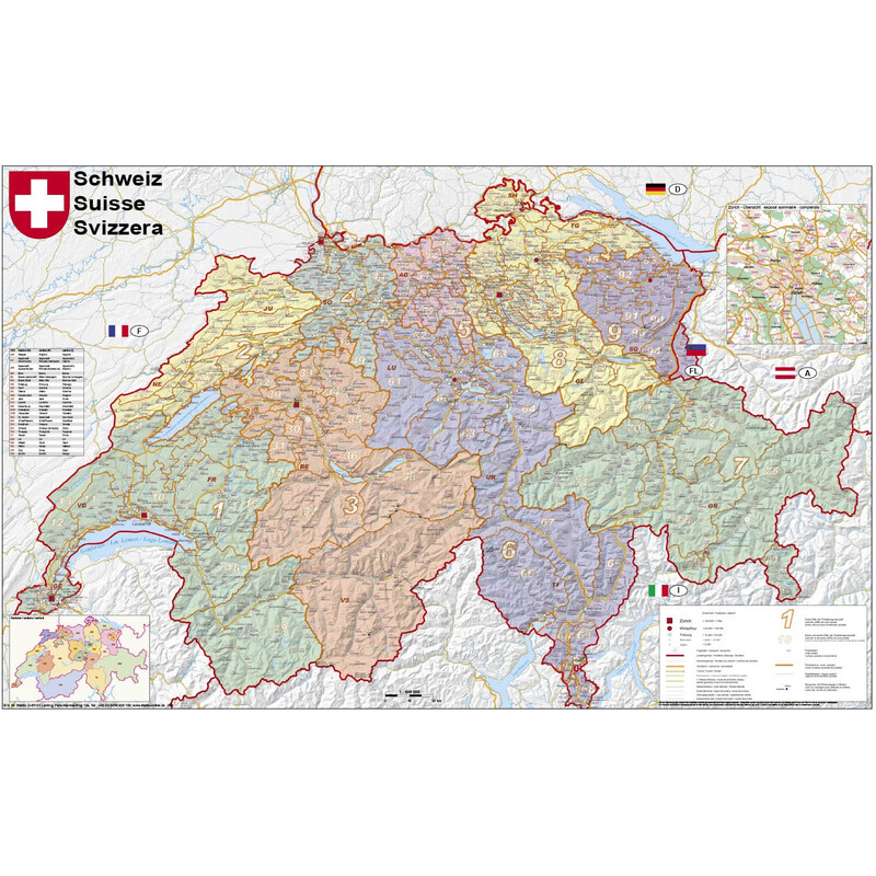 Stiefel Landkaart Zwitserland politiek met postcodes (95 x 62 cm)