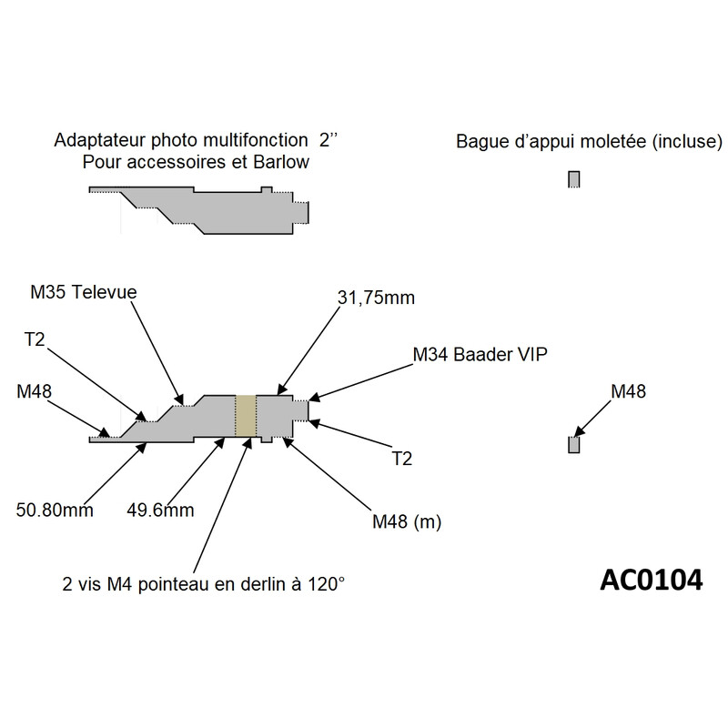 Pierro Astro Camera adapter 50.80mm naar T2 en M48 voor Barlow