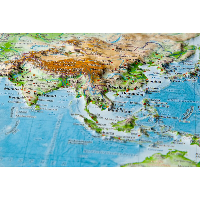 Georelief Wereldkaart 3D reliëf, groot, met houten frame