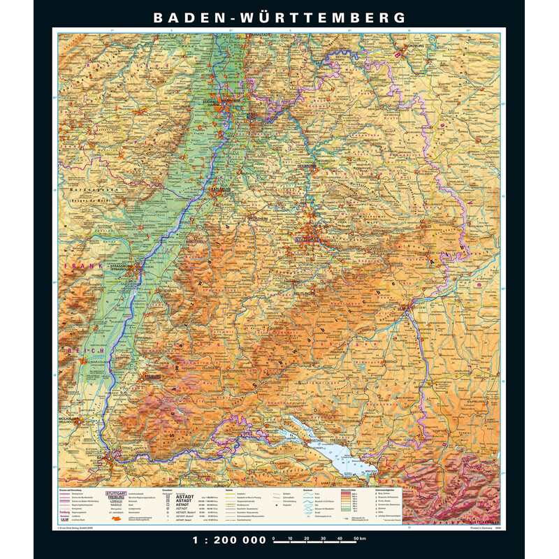 PONS Regionale kaart Baden-Wuerttemberg fysiek en politiek (148 x 168 cm)