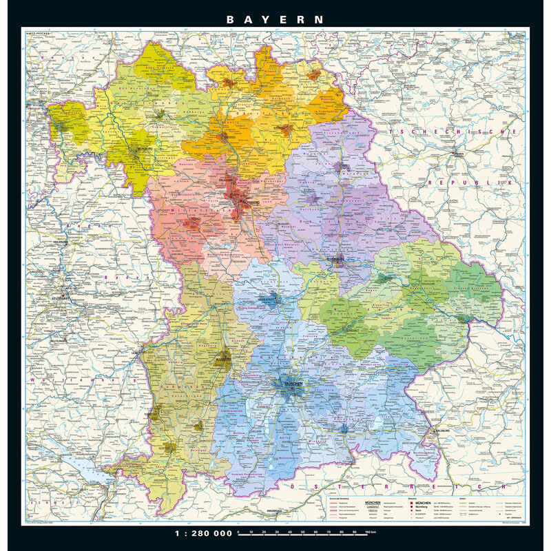 PONS Regionale kaart Bavaria fysiek en politiek (148 x 150 cm)