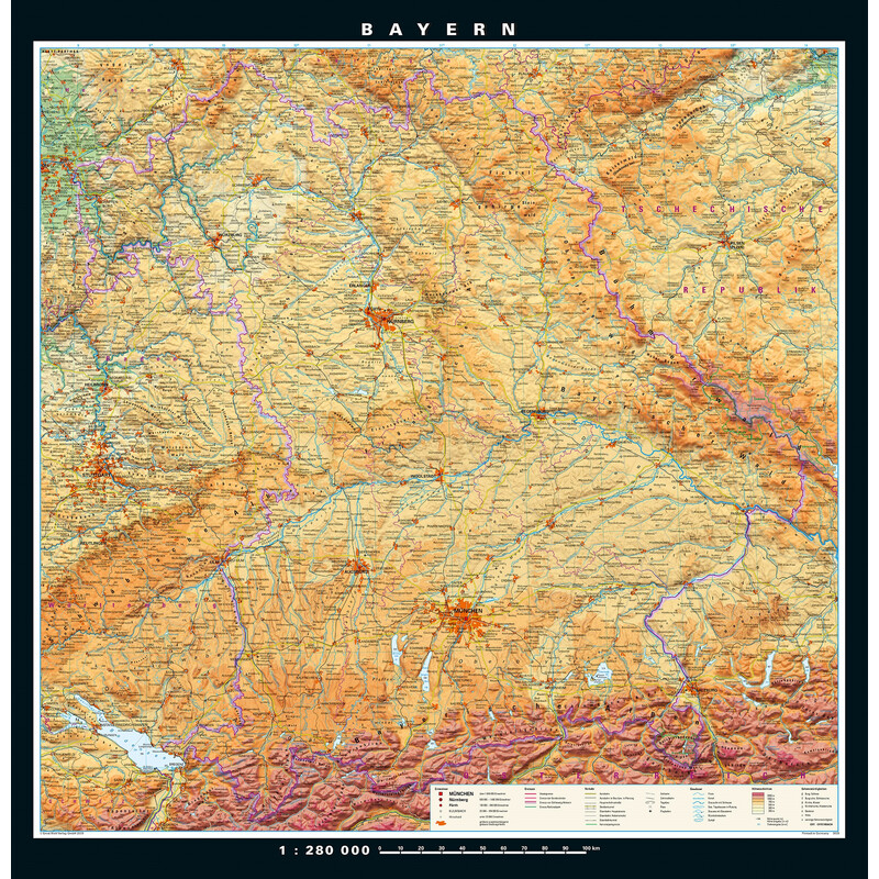 PONS Regionale kaart Bavaria fysiek en politiek (148 x 150 cm)