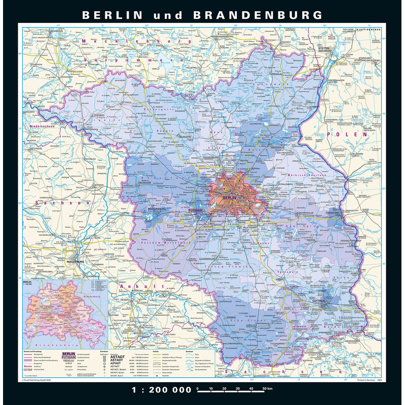 PONS Regionale kaart Berlijn-Brandenburg fysiek en politiek (148 x 150 cm)