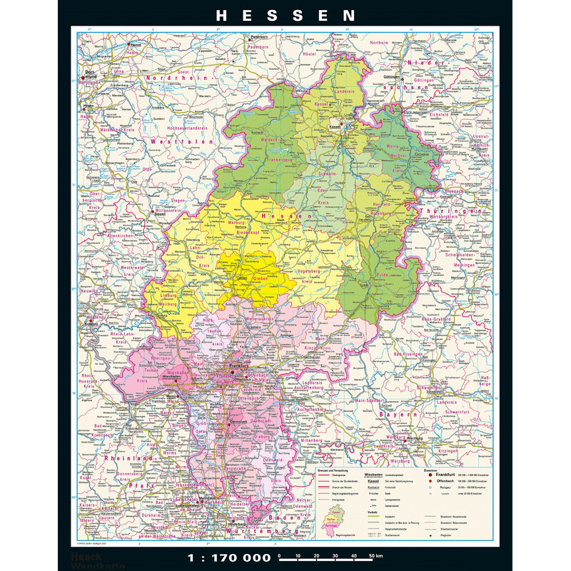 PONS Regionale kaart Hessen fysiek en politiek (148 x 183 cm)