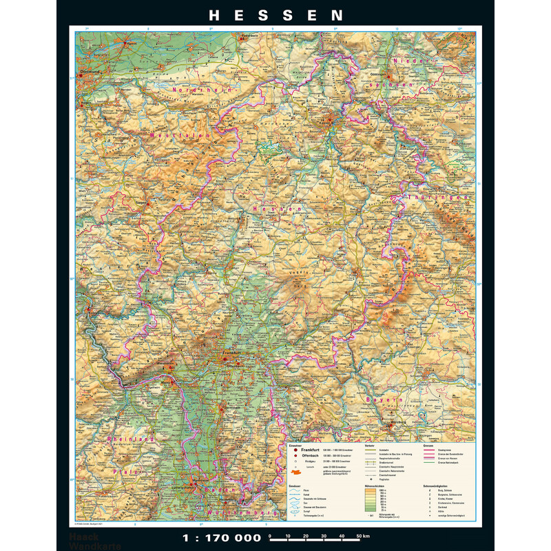 PONS Regionale kaart Hessen fysiek en politiek (148 x 183 cm)